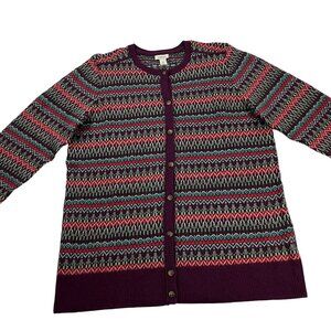 LL Bean Cardigan Sweater Womens Size M Fair Isle Plum Cotton Cashmere Button Up